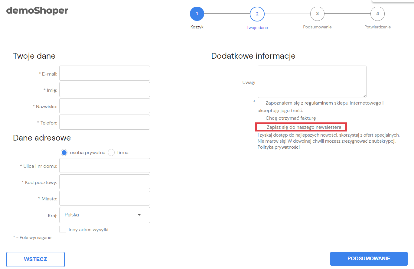 Strona sklepu Shoper > Koszyk > Krok 2 Twoje dane > Zapis do newslettera