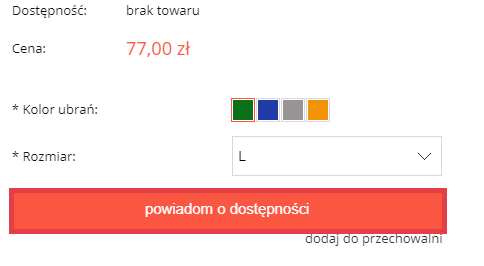 Zobacz, gdzie wyświetla się opcja zapisu do powiadomienia o dostępności produktu Przykładowy widok przycisku: powiadom o dostępności na karcie produktu w sklepie Shoper