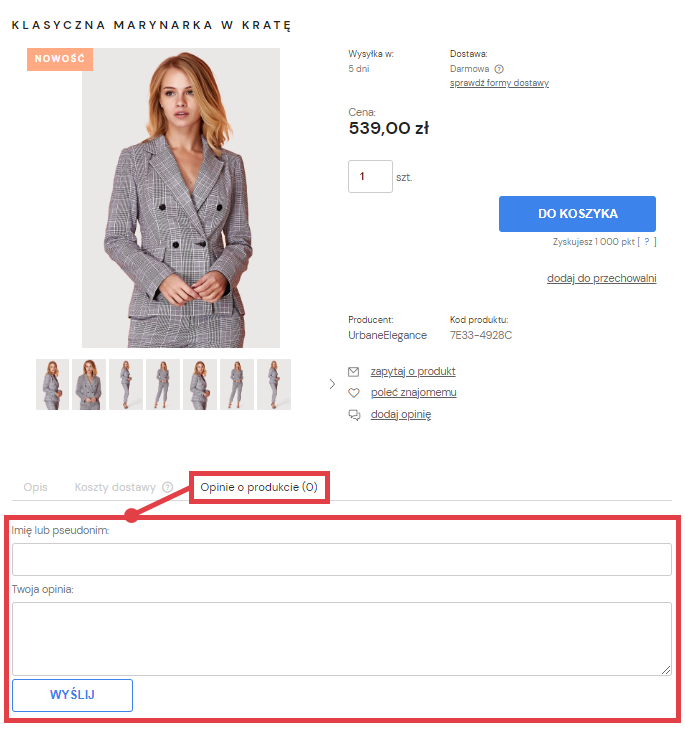 Karta produktu na stronie sklepu z opcją dodawania opinii