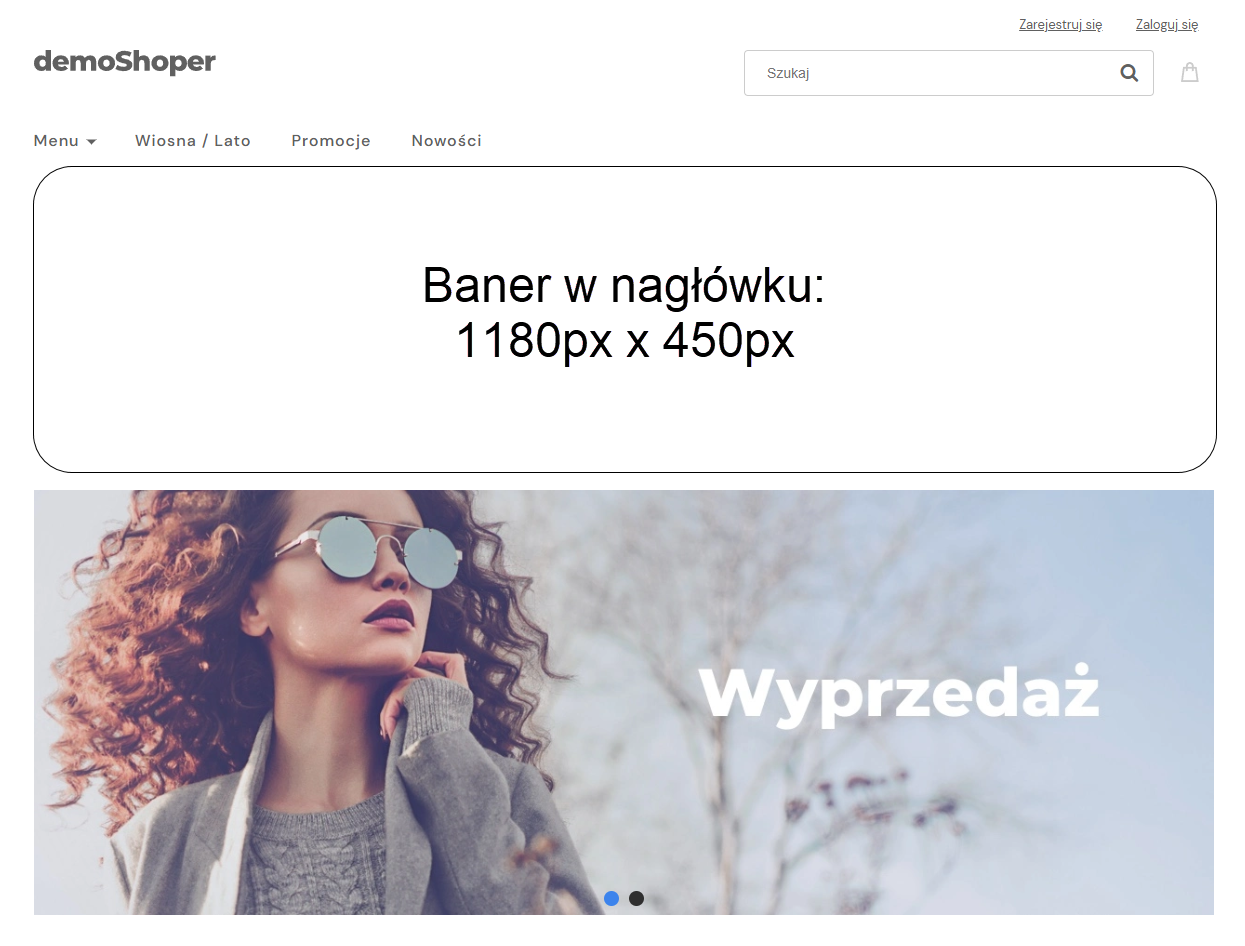 Baner wyświetli się w górnej części strony sklepu tuż pod głównym menu sklepu Strona glówna sklepu Shoper z widocznym miejscem wyświetlania baneru promocyjnego w nagłówku
