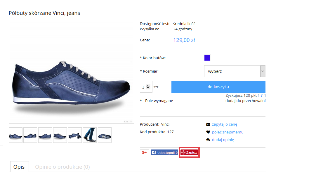 Strona sklepu Shoper > Karta produktu > Przycisk Pinterest