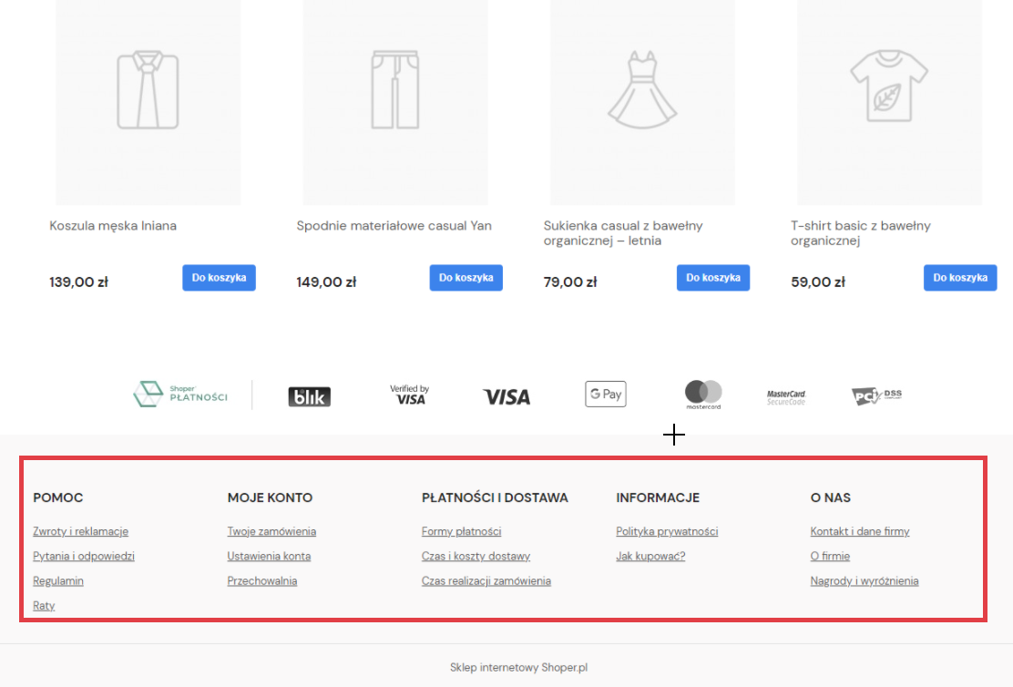 Podejrzyj, jak wygląda stopka w przykładowym sklepie internetowym Shoper Podgląd strony sklepu Shoper > Stopka