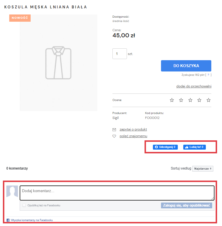 Sprawdź, gdzie wyświetlają się przyciski i sekcja komentarzy Widok strony sklepu Shoper > Karta produktu > Facebook - przyciski i komentarze