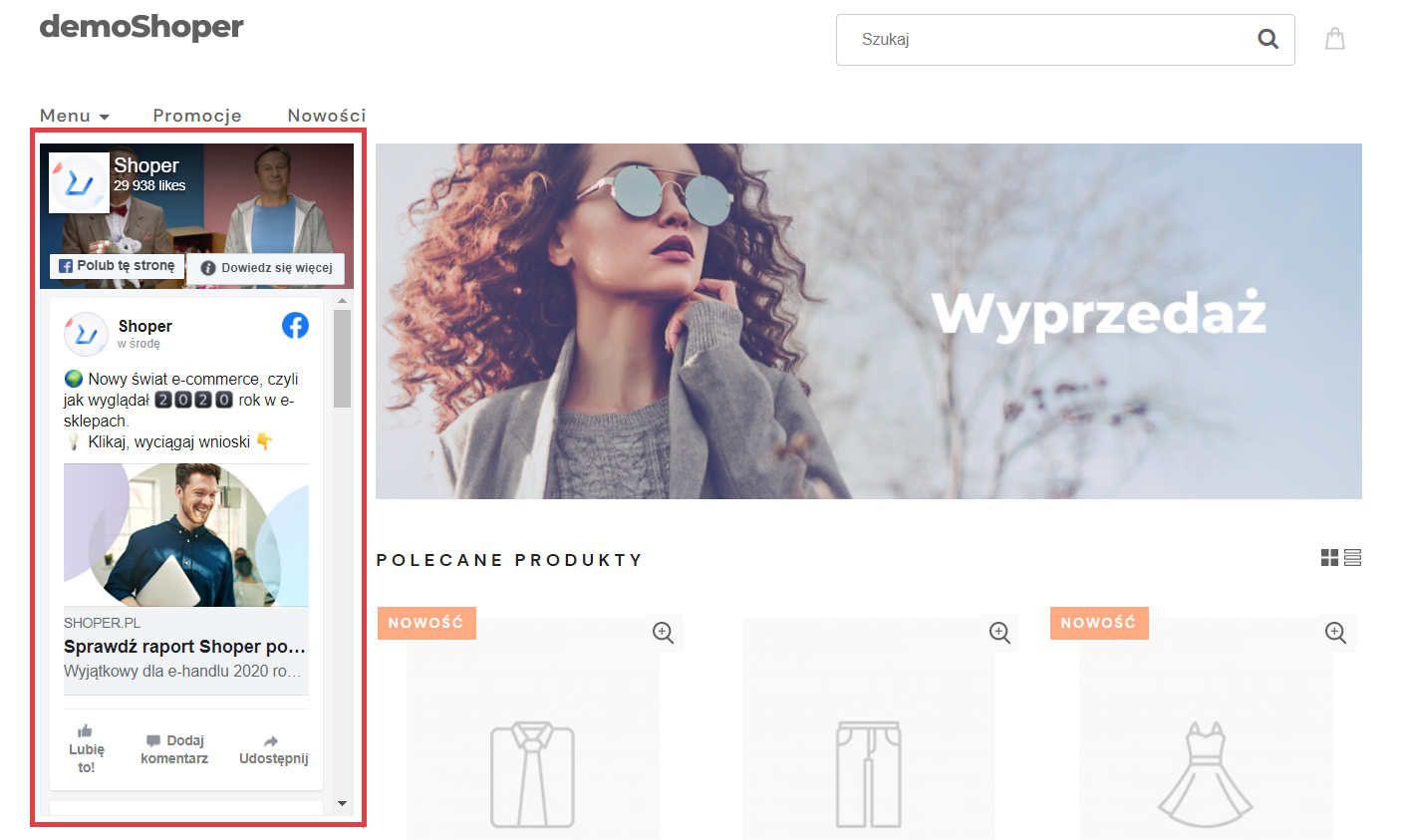Zobacz, jak działa moduł Facebook - Lubię to w sklepie Widok strony sklepu Shoper > Widoczność modułu Facebook - Lubię to