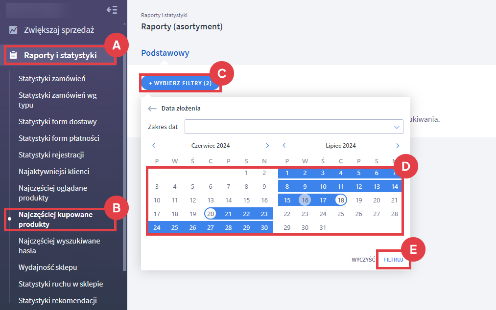 Wyświetl raport najczęściej kupowanych produktów w sklepie internetowym Shoper Panel administracyjny sklepu > Raport i statystyki > Najczęściej kupowane produkty > Filtry > Data złożenia