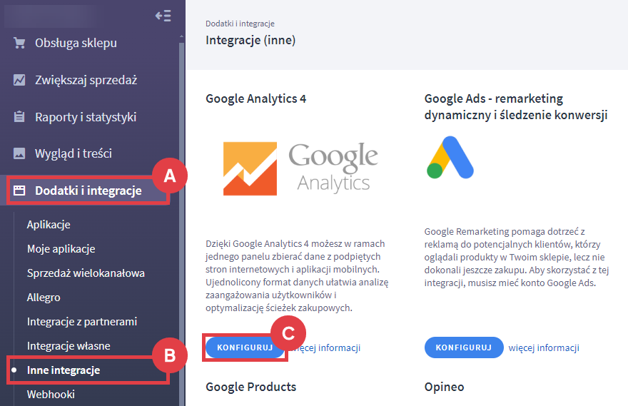 Panel administracyjny sklepu > Dodatki i integracje > Inne Integracje > Google Analytics 4