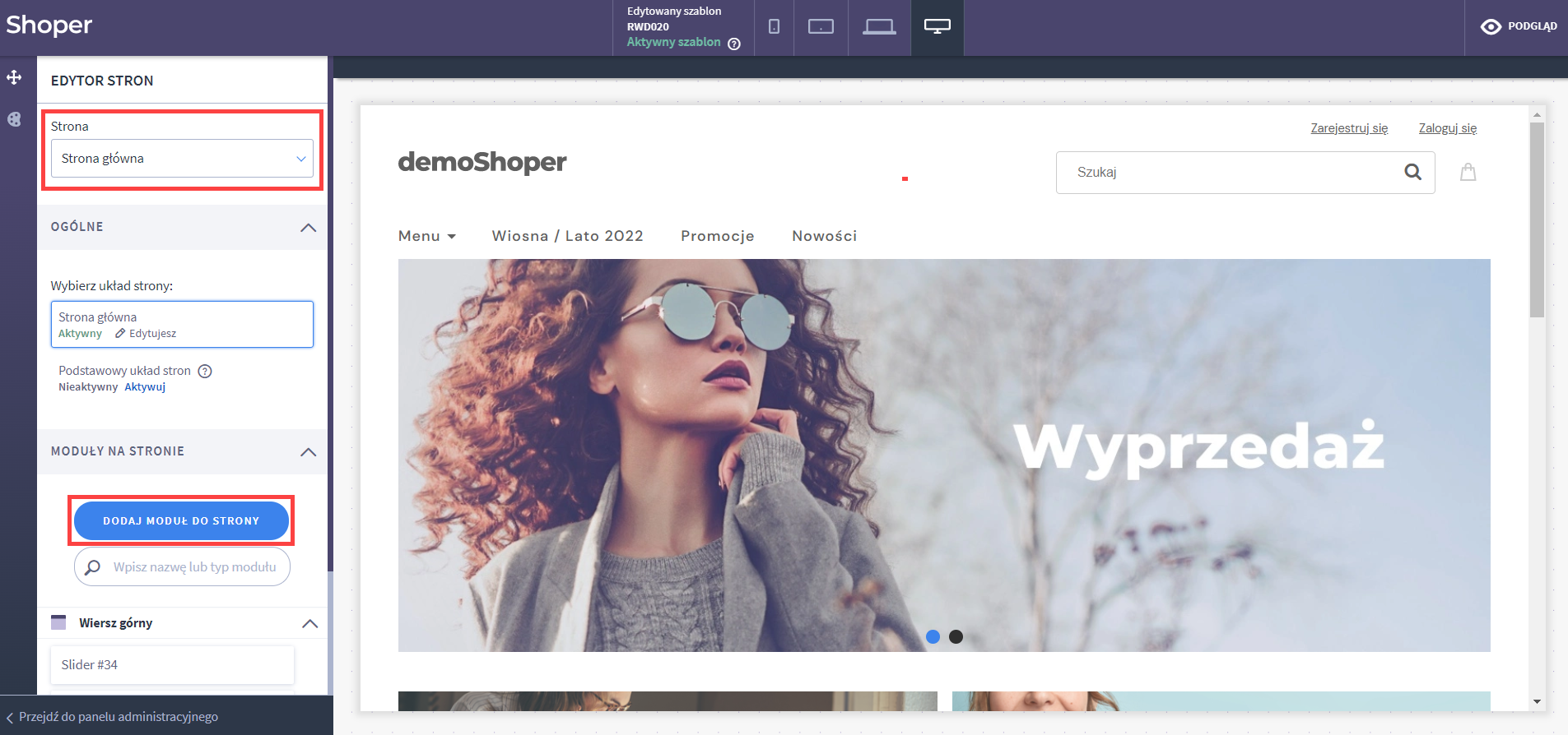 Dodaj moduł do strony Shoper Visual Editor > Strona główna > Moduły na stronie