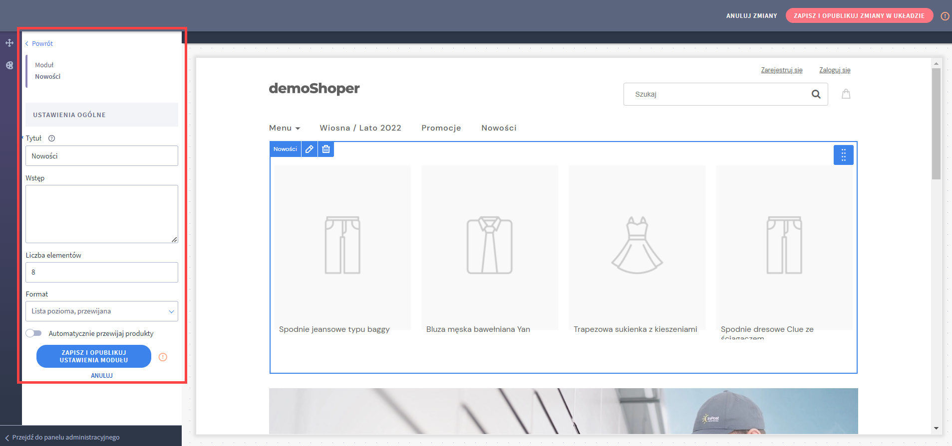 Edycja ustawień w module Nowości Shoper Visual Editor > Moduły na stronie > Dodaj moduł > Nowości > Ustawienia ogólne
