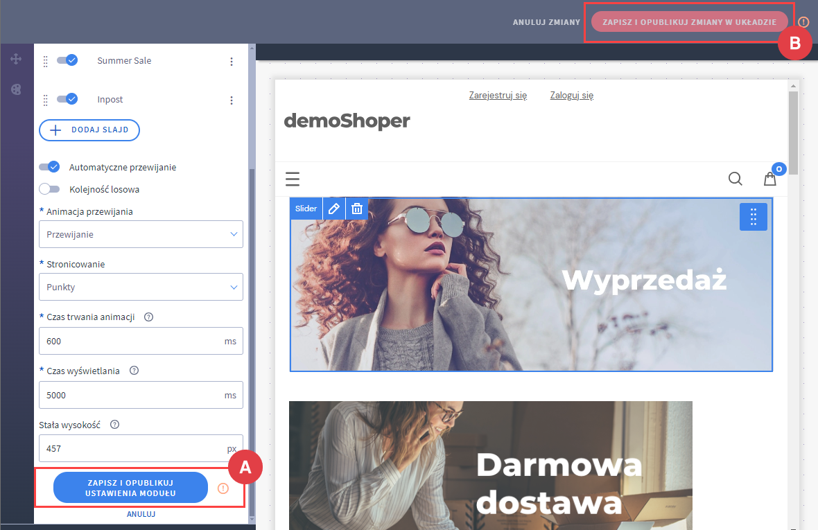 Visual editor > DOdaj moduł > Slider