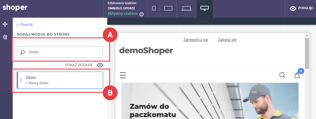 Visual editor > Dodaj moduł do strony > Slider