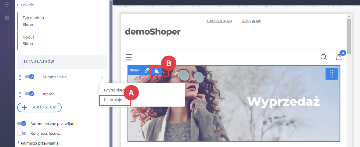 Visual editor > Edycja modułu > usuń