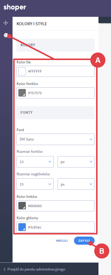 Kliknij ikonę palety kolorów, przejść do zmiany czcionki Shoper Visual Editor > Kolory i style