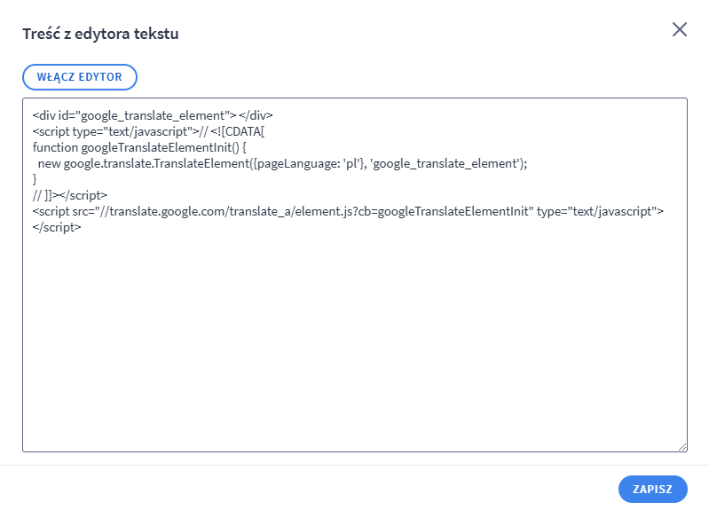 Wklej kod i zapisz zmiany Shoper Visual Editor > Edycja modułu: Tekst i mutimedia