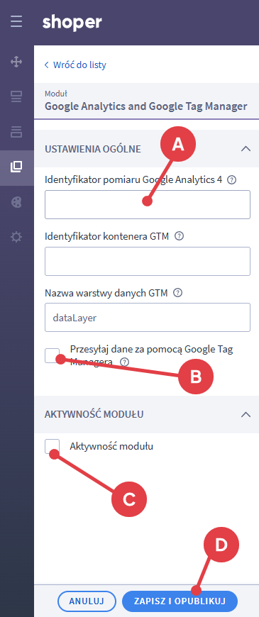 Shoper Visual Editor > Pop-upy i dodatki > Google Analytics and Tag Manager