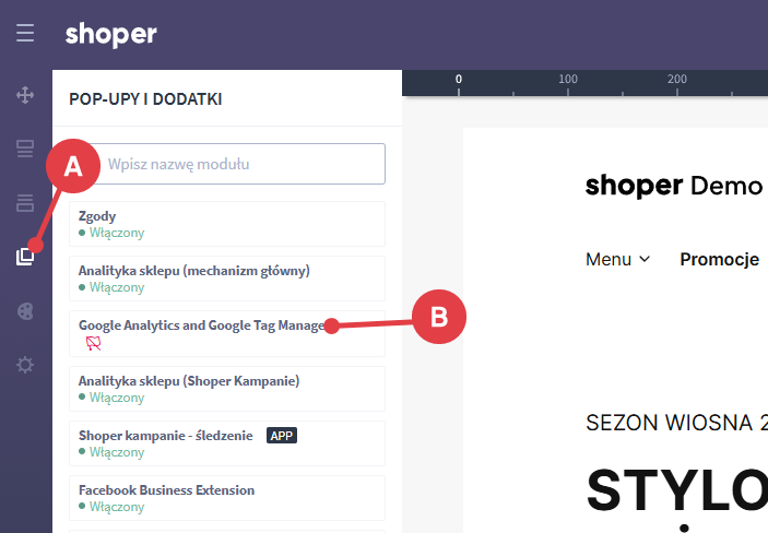 Shoper Visual Editor > Pop-upy i dodatki > Google Analytics and Tag Manager