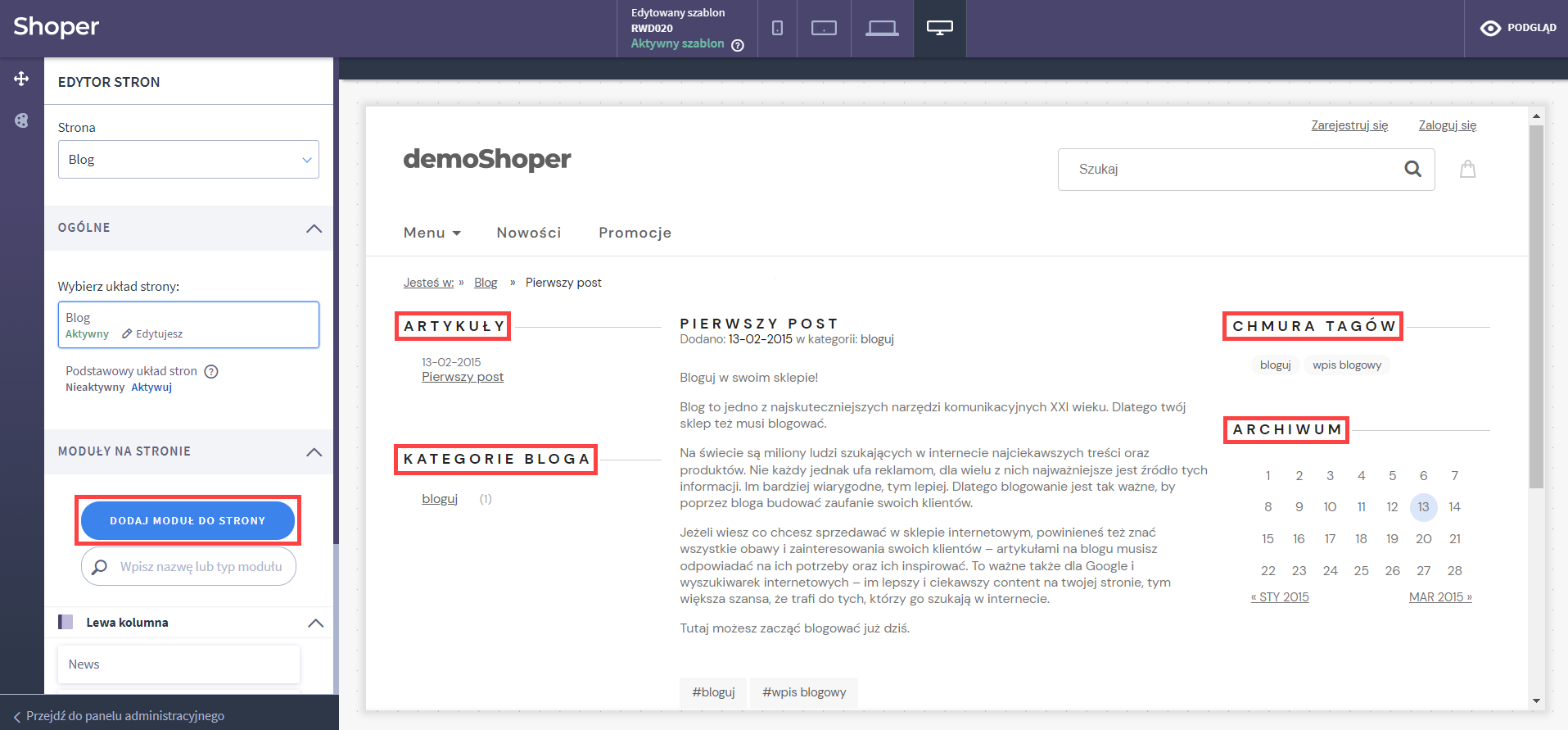 Widok układu elementów bloga w Shoper visual editor Panel administracyjny > Wygląd i treści > Moduły > Shoper visual editor