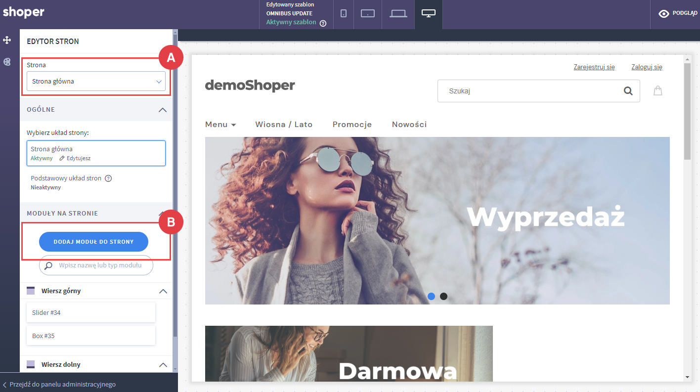 Panel administracyjny > Wygląd i treści > Wygląd sklepu > Obecny szablon graficzny > Moduły > Visual editor