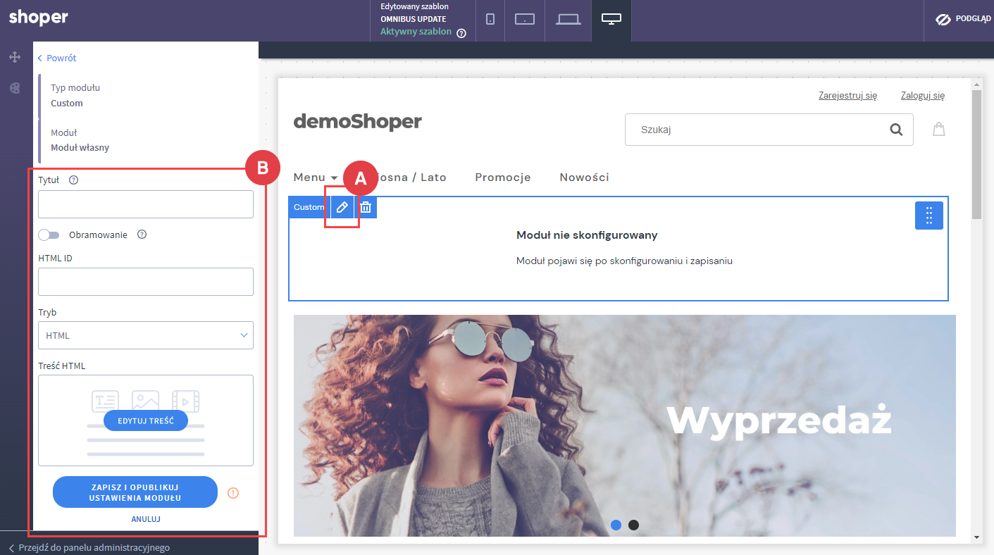 Panel administracyjny > Wygląd i treści > Wygląd sklepu > Obecny szablon graficzny > Moduły > Visual editor
