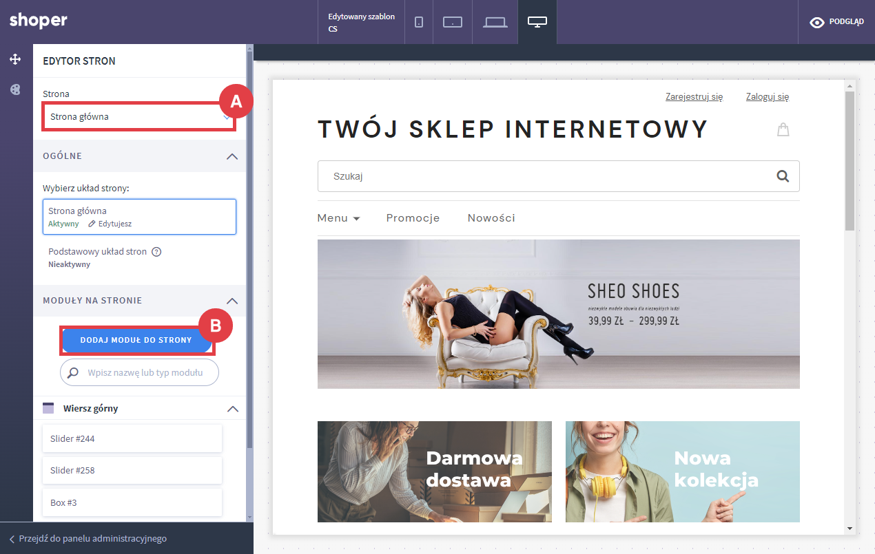 Shoper Visual Editor > Moduły na stronie