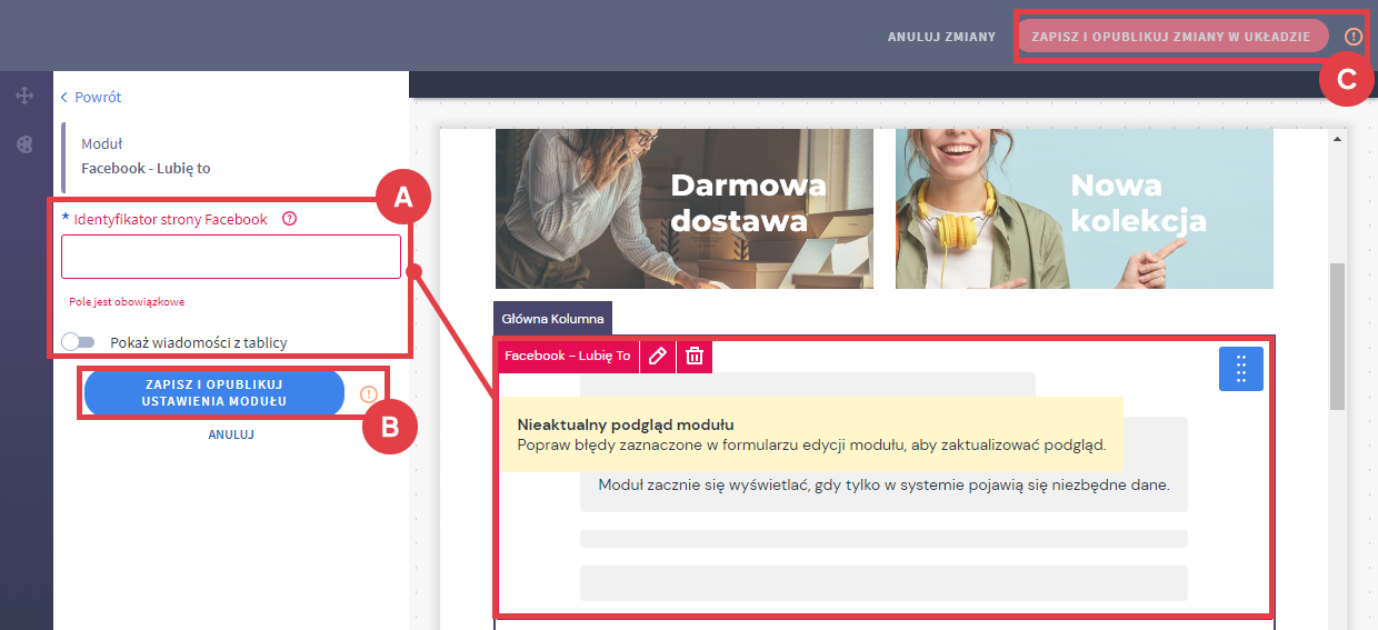 Podaj identyfikator strony Facebook w module Shoper Visual Editor > Facebook - Lubię to - Ustawienia ogólne