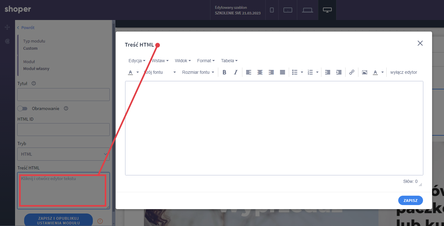 Uruchom edytor html i wprowadź własne treści Shoper Video Editor własne treśći html