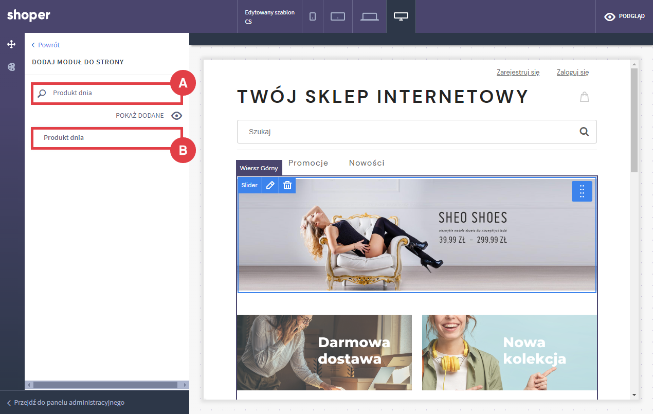 Shoper Visual Editor > Moduły na stronie > Produkt dnia