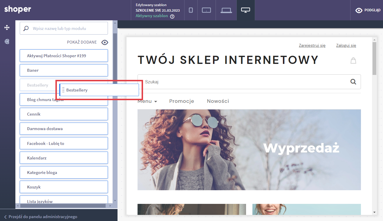 Wybierz moduł i przeciągnij go w wybrane miejsce na stronie Edyor Shoper Visual Editor - umieszczenie modułu na stronę
