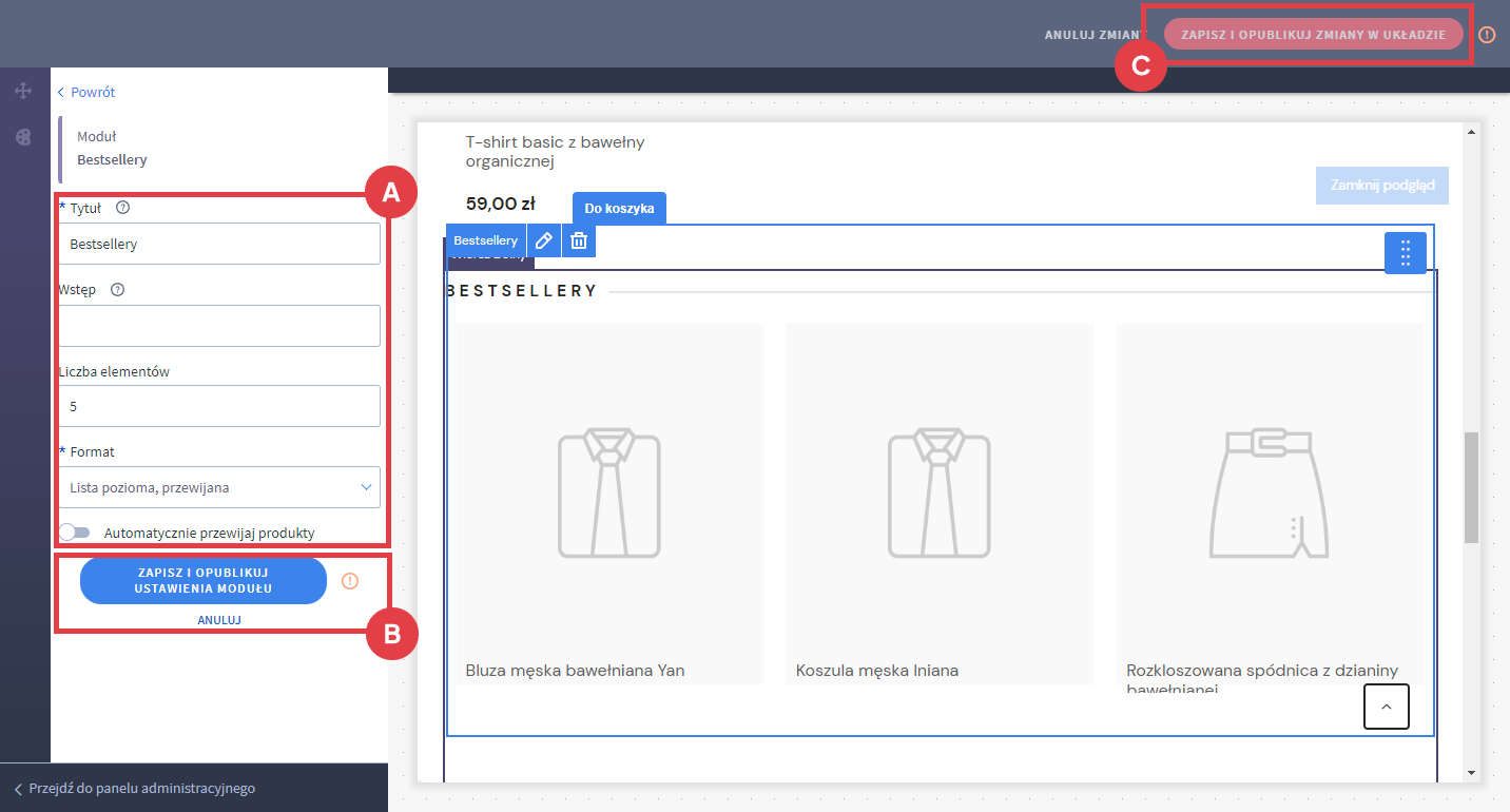 Edytuj ustawienia modułu, a następnie zapisz zmiany w edytorze Shoper Visual Editor dodawanie i zapisywanie modułu