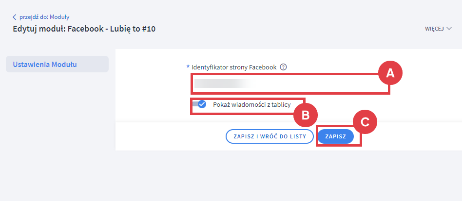 Wprowadź ID strony na Facebooku Stary konfigurator wyglądu > Edycja modułu Facebook - Lubię to > Identyfikator strony