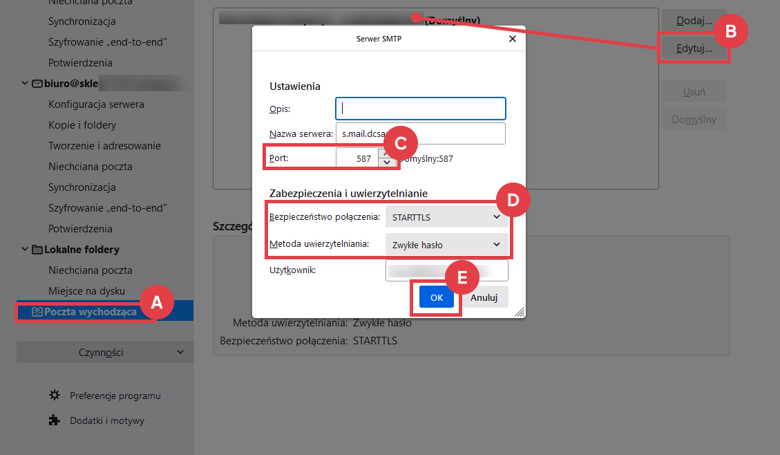 Dla poczty wychodzącej wprowadź ustawienia odpowiednie dla Twojej skrzynki pocztowej Konfiguracja poczty IMAP Thunderbird poczta wychodząca