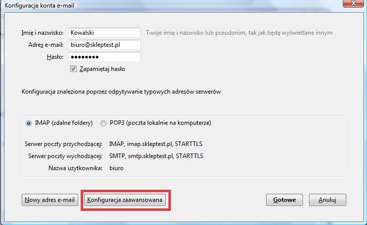 Wybierz IMAP i naciśnij Konfiguracja zaawansowana Konfiguracja skrzyki pocztowej IMAP Thunderbird