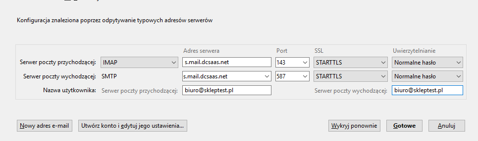 Uzupełnij wszystkie pola podając dane swojej skrzynki pocztowej Konfiguracja poczty IMAP w Thunderbird