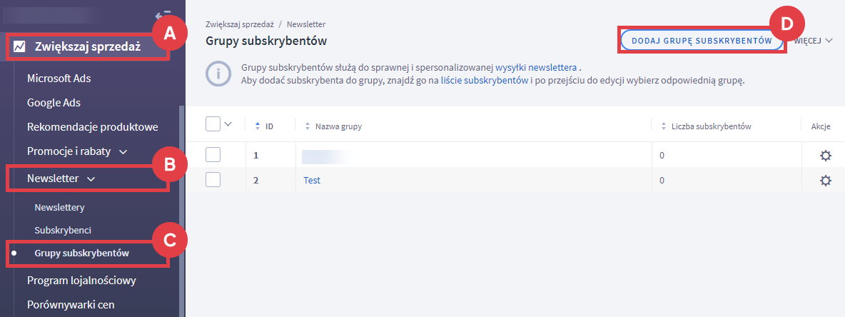 Dodaj nową grupę subskrybentów w Panelu administracyjnym sklepu Shoper Panel administracyjny sklepu > Zwiększaj sprzedaż > Newsletter > Grupy subskrybentów > Dodawanie grupy