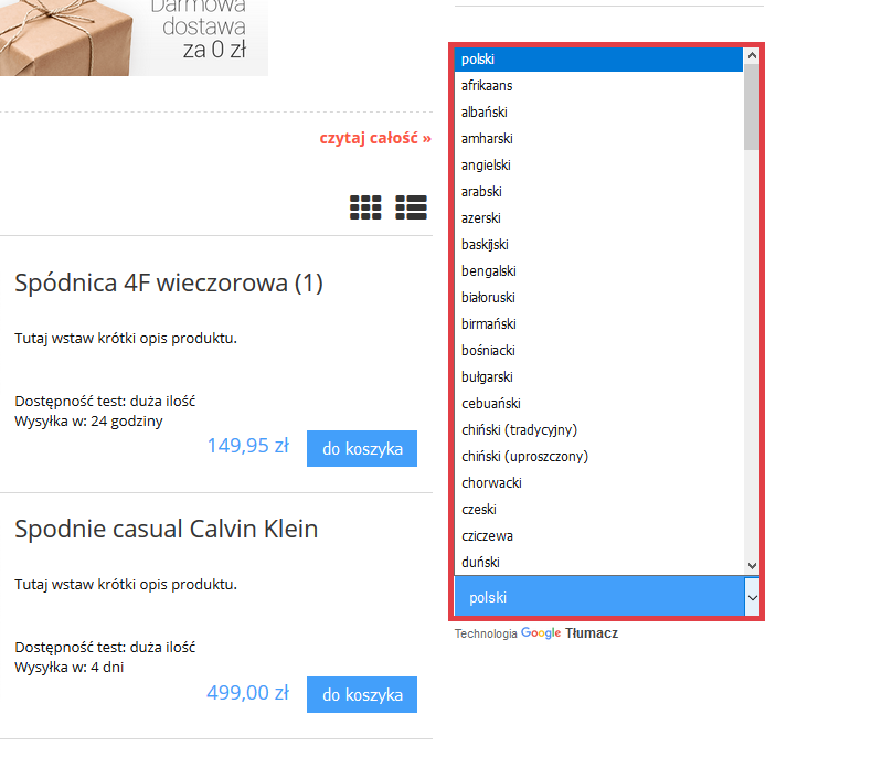 Sprawdź, w którym miejscu wyświetla się moduł wykorzystujący technologię Google Translate Widok dodanego modułu automatycznego tłumaczenia strony sklepu Shoper