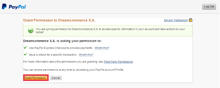 Panel administracyjny sklepu > Ustawienia > Obsługa zamówień > Formy płatności > PayPal Express Checkout > Logowanie > Udzielanie uprawień