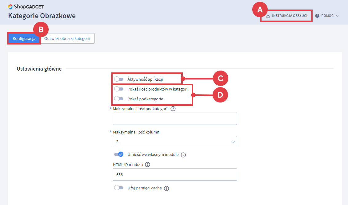 Wprowadź główne ustawienia dla kategorii w sklepie Shoper Panel administracyjny sklepu > Dodatki i integracje > Moje aplikacje > Kategorie obrazkowe > Konfiguracja