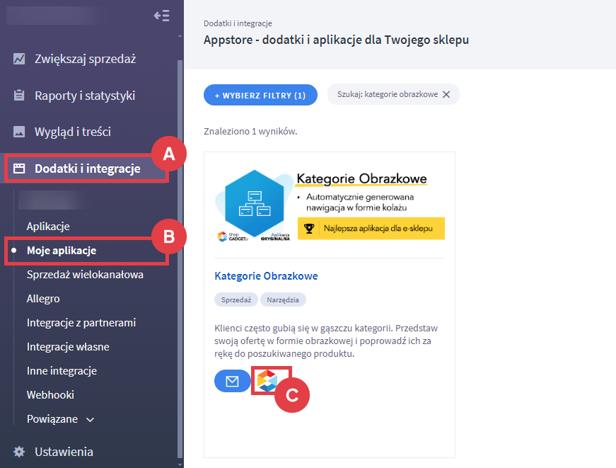 Przejdź do konfiguracji aplikacji Kategorie Obrazkowe w sklepie Shoper Panel administracyjny sklepu > Dodatki i integracje > Moje aplikacje > Kategorie obrazkowe