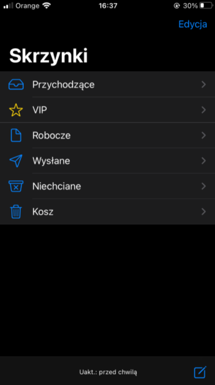 Widok z telefonu iPhone > Mail > Skrzynki pocztowe