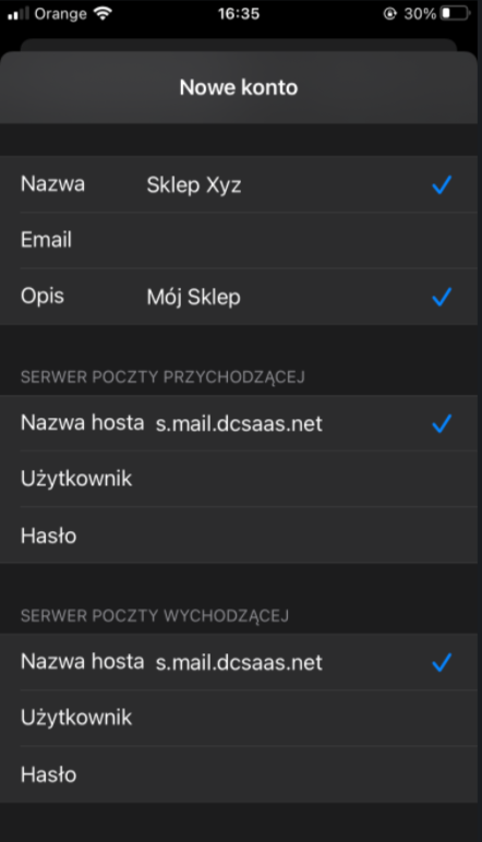 Widok z telefonu iPhone > Ustawienia > Mail > Konta > Dodaj konto > Inne > Konto Mail > Nowe > Serwery