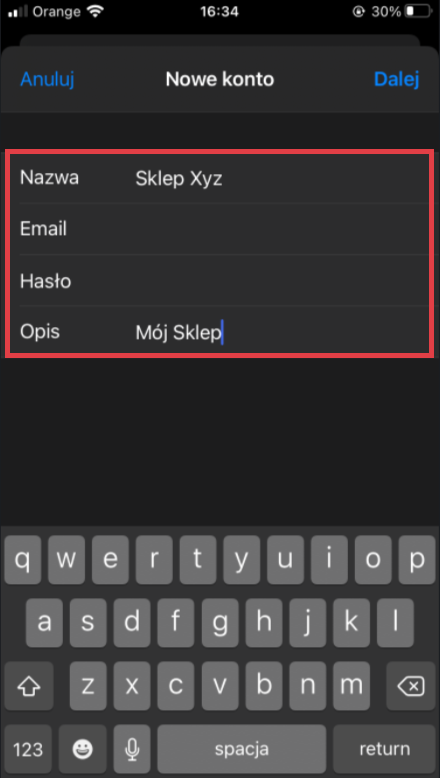 Widok z telefonu iPhone > Ustawienia > Mail > Konta > Dodaj konto > Inne > Konto Mail > Nowe