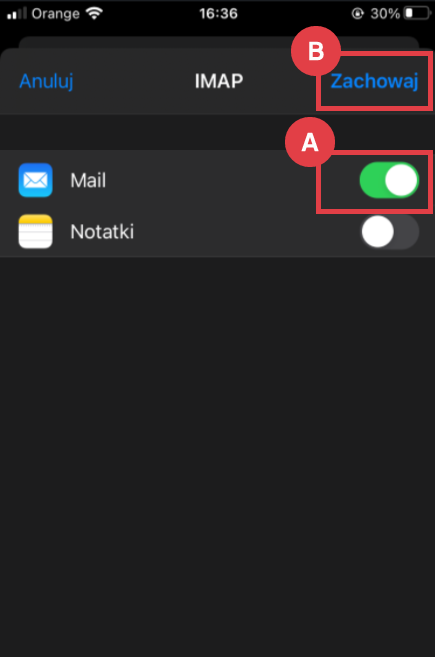 Widok z telefonu iPhone > Ustawienia > Mail > Konta > Dodaj konto > Inne > Konto Mail > Nowe > Typ synchronizacji > IMAP