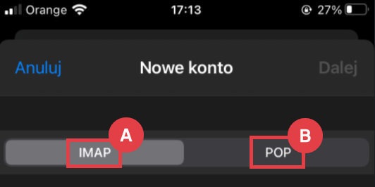 Widok z telefonu iPhone > Ustawienia > Mail > Konta > Dodaj konto > Inne > Konto Mail > Nowe > Typ synchronizacji