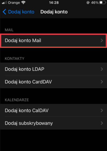 Widok z telefonu iPhone > Ustawienia > Mail > Konta > Dodaj konto > Inne > Konto Mail
