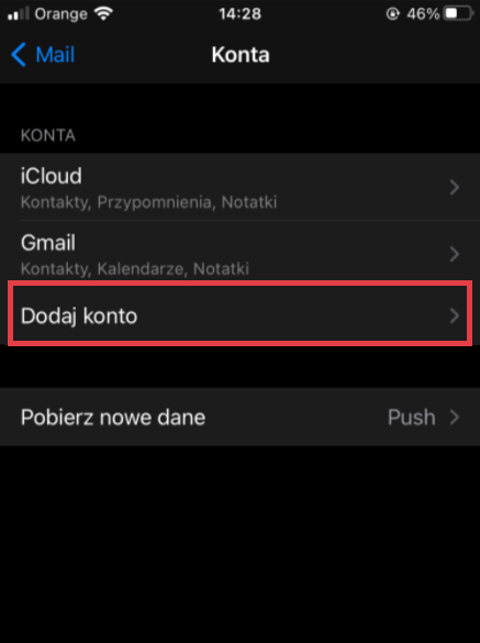 Widok z telefonu iPhone > Ustawienia > Mail > Konta > Dodaj konto