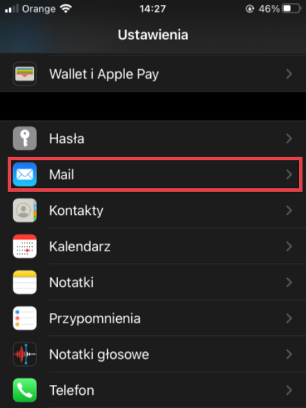 Widok z telefonu iPhone > Ustawienia > Mail