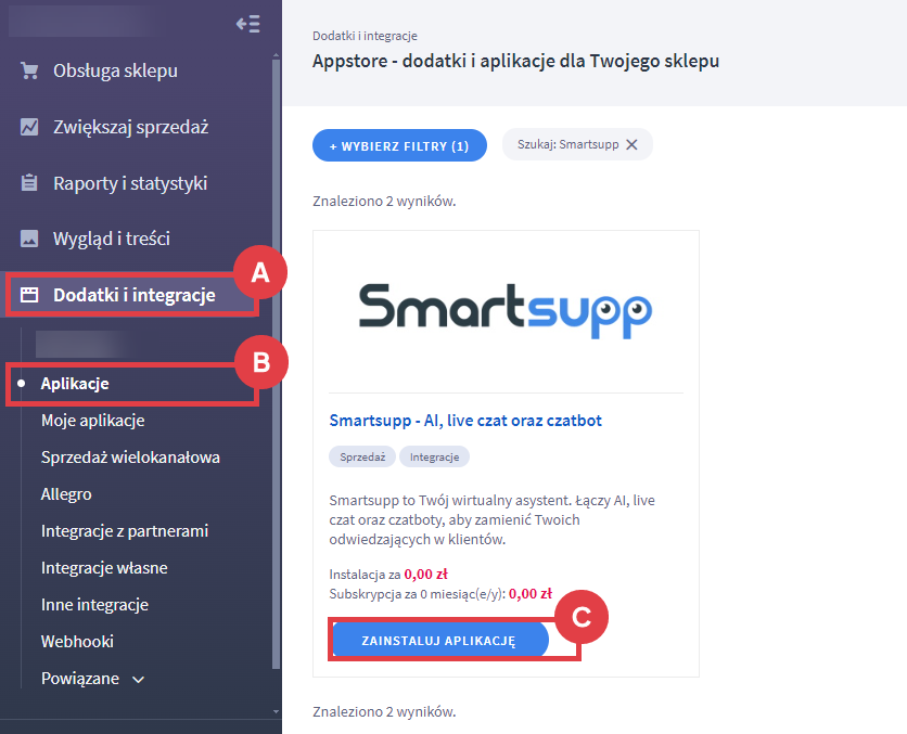 Zainstaluj aplikację Smartsupp - AI, live czat oraz czatbot w Panelu administracyjnym sklepu Panel administracyjny sklepu > Dodatki i integracje > Aplikacje > Smartsupp - AI, live czat oraz czatbot
