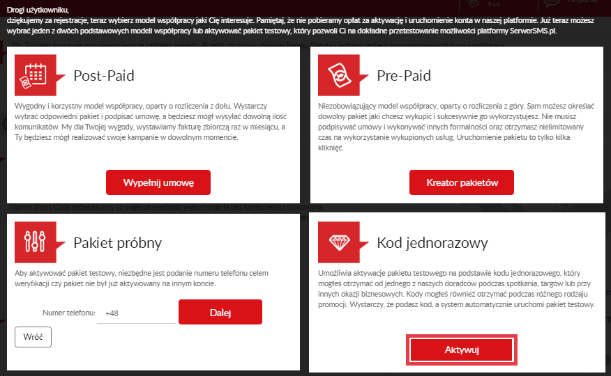 Aktywuj pakiet testowy na podstawie kodu jednorazowego Konto SerwerSMS.pl > Kod jednorazowy