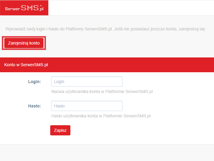 Zarejestruj konto na platformie SerwerSMS.pl Panel administracyjny sklepu > Dodatki i integracje > Moje aplikacje > SerwerSMS.pl > Konfiguracja