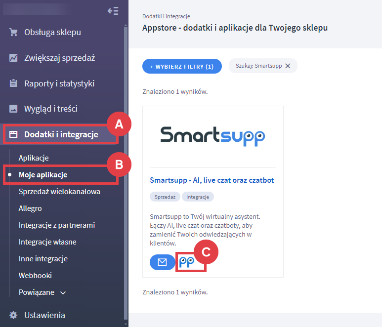 Skonfiguruj działanie live czatu od firmy Smartsupp Panel administracyjny sklepu > Dodatki i integracje > Moje aplikacje > Smartsupp - AI, live czat oraz czatbot