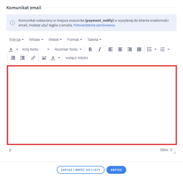 Dostosuj zawartość komunikatu email dla płatności PayPal Edycja płatności PayPal > Dane podstawowe > Komunikat email
